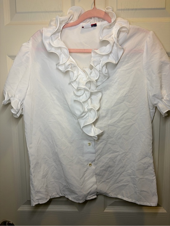 Rhapsody Tops - Vintage Y2K Rhapsody White Ruffle-Front Short Sleeve Blouse